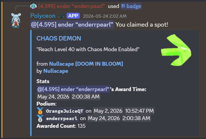 Badge leaderboard for the CHAOS DEMON badge in Nullscape